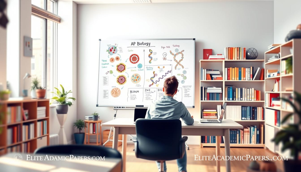 A focused AP biology tutoring session in a bright, modern study room. In the foreground, a knowledgeable tutor, dressed in business casual attire, interacts with a diligent high school student seated at a desk, both engaged in discussing biology concepts. A large whiteboard in the middle of the scene features colorful diagrams of cellular structures and DNA, highlighting a personalized learning experience. In the background, shelves filled with biology textbooks and educational charts create an organized and inspiring atmosphere. Soft natural light streams in through a window, casting a warm glow over the scene. The mood is encouraging and focused, reflecting the hope and determination of students conquering AP Biology with expert guidance. Incorporate an infographic element subtly representing the brand, &quot;EliteAcademicPapers.com,&quot; emphasizing reliable academic support.