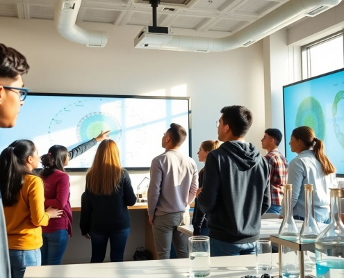 Students learning biology with a cell diagram.